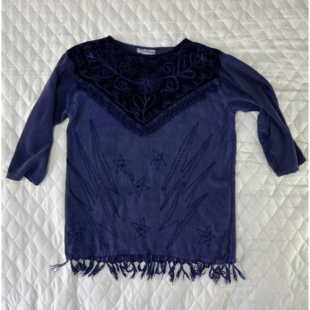 Just Cruising Tunic Top Women XL Purple Good Star Embroidered Velvet Fringe Boho